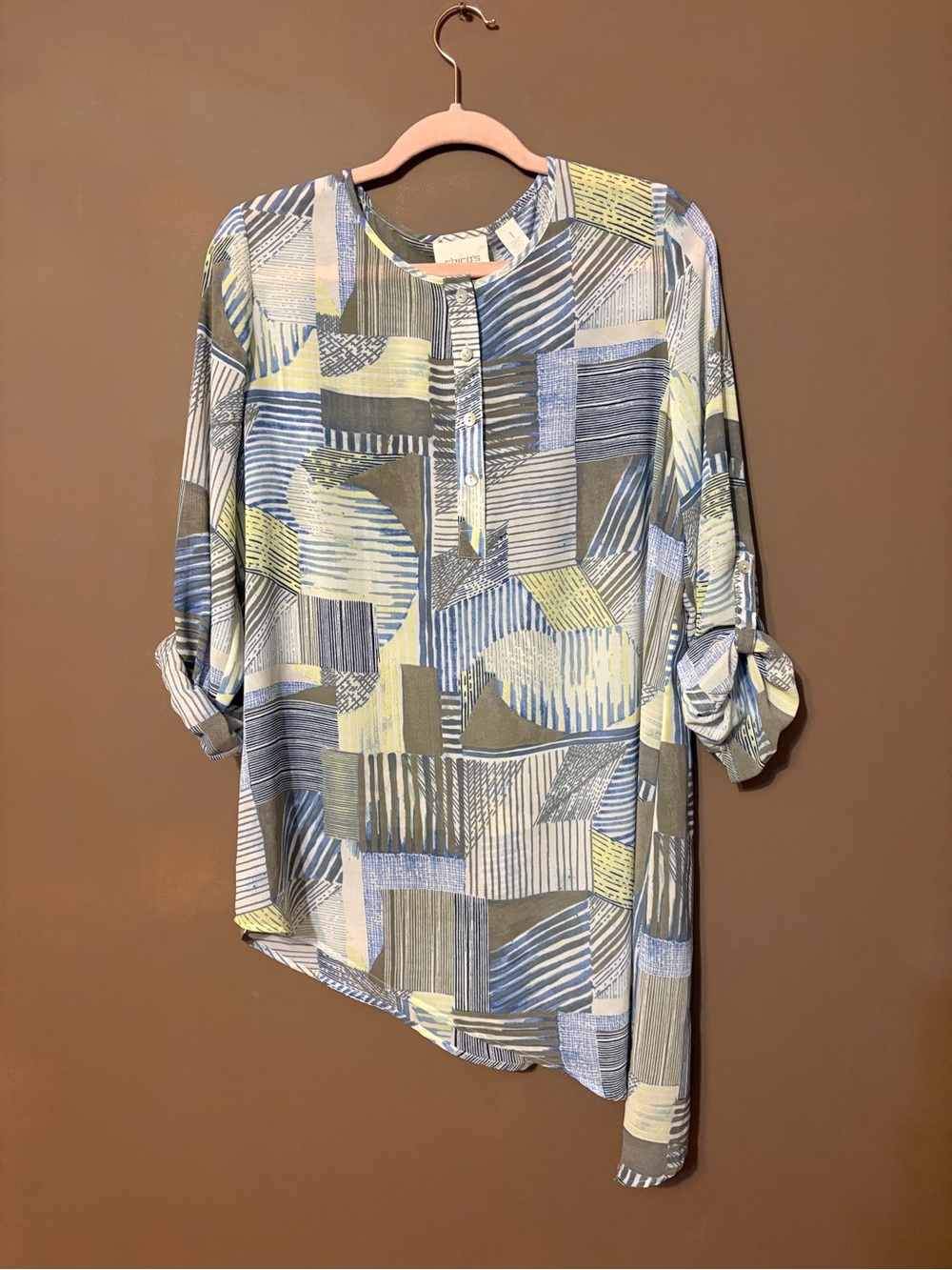 Chico's Geometric Asymmetrical Tunic Blue, Gray & Cream